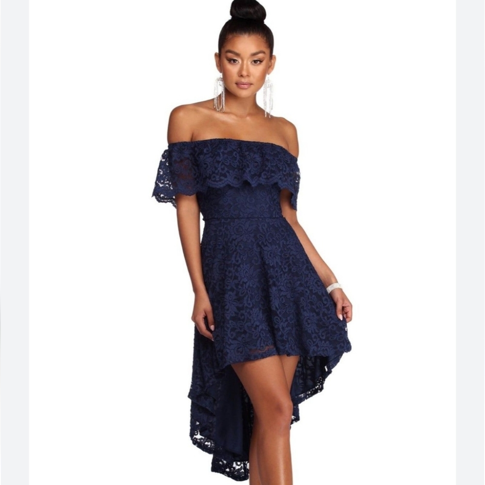 Windsor Blue Lace Off Shoulder dress